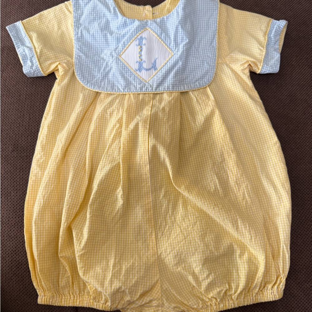 Beaux et Belles of New Orleans Smocked Yellow and Blue Baby Romper 6 Months